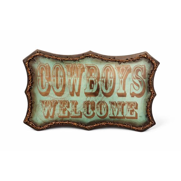 Unbranded Other - Rustic “Cowboys Welcome” Western Wall Sign | Turquoise Metal Décor | Barbed Wire